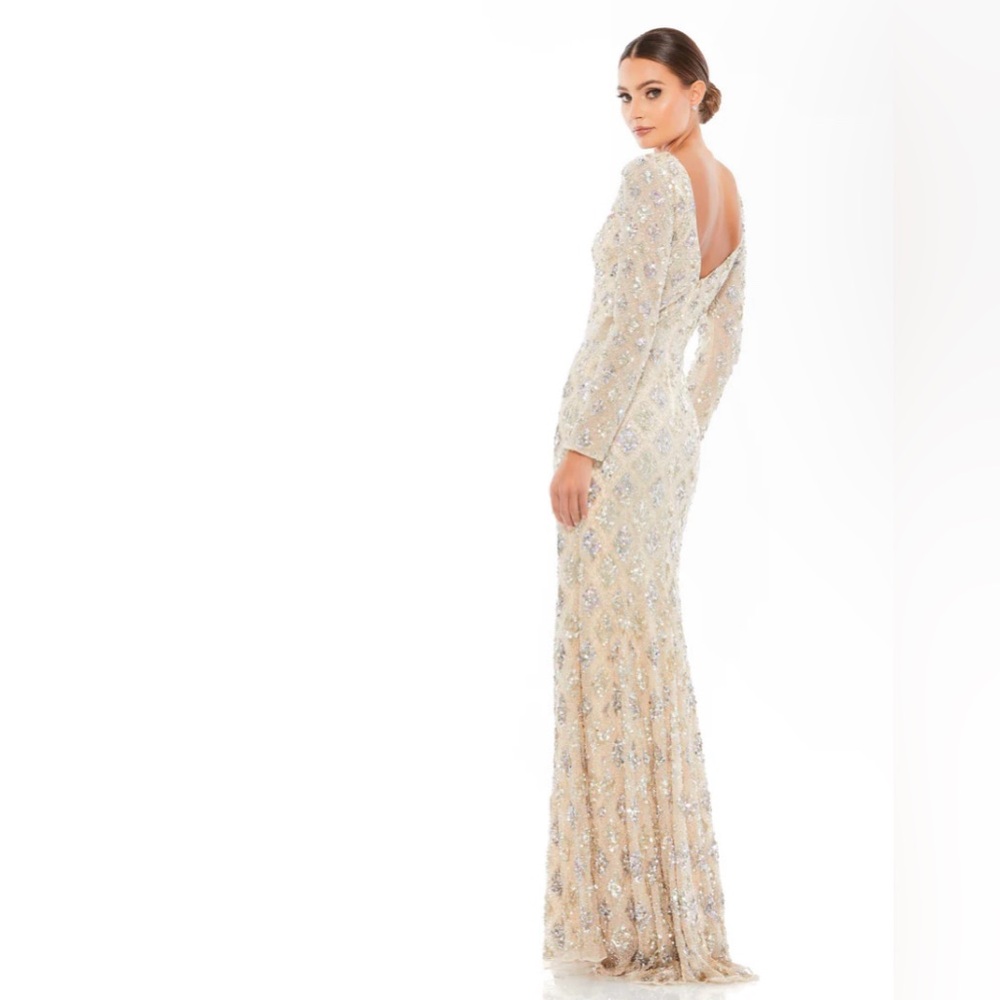Mac Duggal Long Sleeve Cream Gown with Silver Accents - Picture 4 of 10